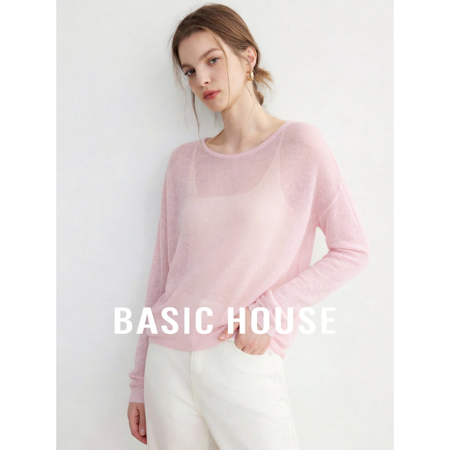 Basic House/百家好松弛感圆领粉色针织衫女秋季薄透罩衫舒适百搭