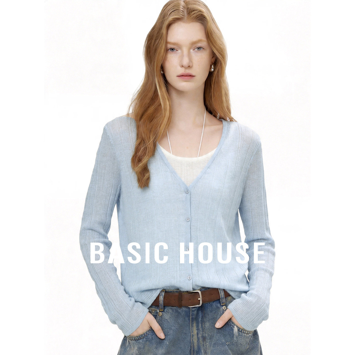 Basic House/百家好蓝色假两件清新减龄针织开衫女夏超好看上衣