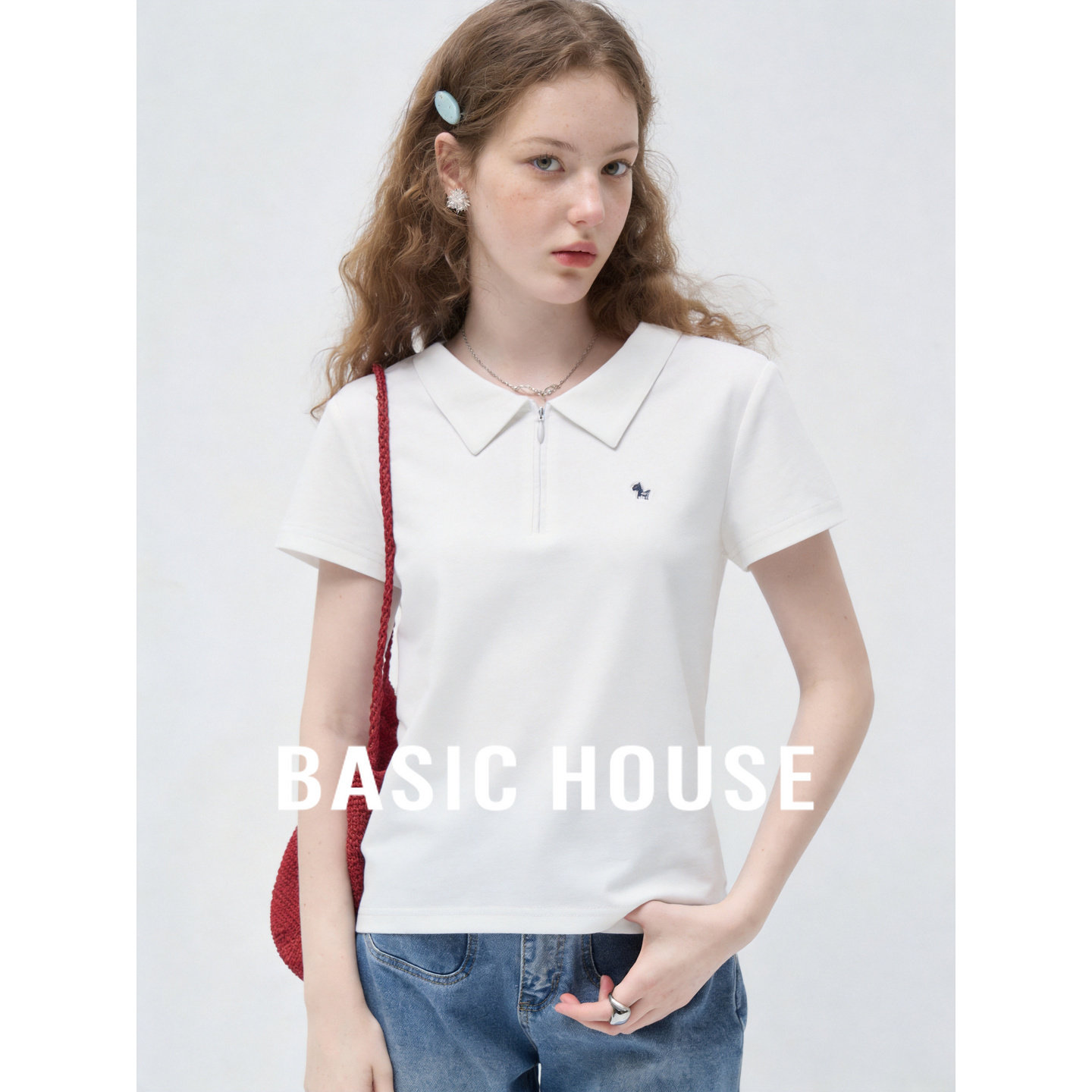 Basic House/百家好学院风polo领短袖T恤女夏季白色翻领显瘦上衣