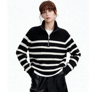 百家好黑色条纹polo领半拉链条纹绵羊毛毛衣女26冬季保暖宽松上衣