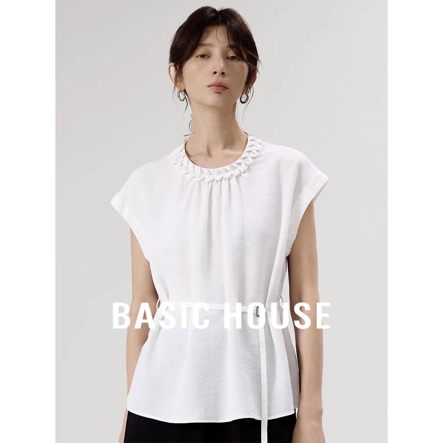 Basic House/百家好复古花边圆领短袖小众设计收腰显瘦白色衬衫女