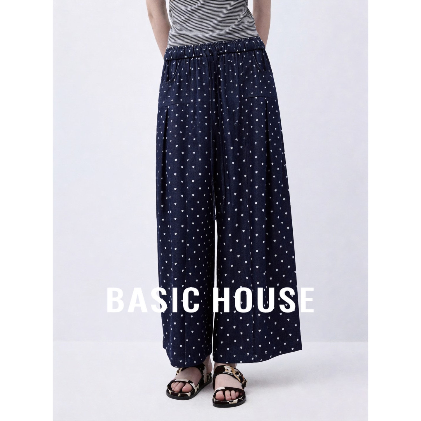Basic House/百家好韩版松紧腰波点阔腿裤女夏设计感直筒休闲长裤