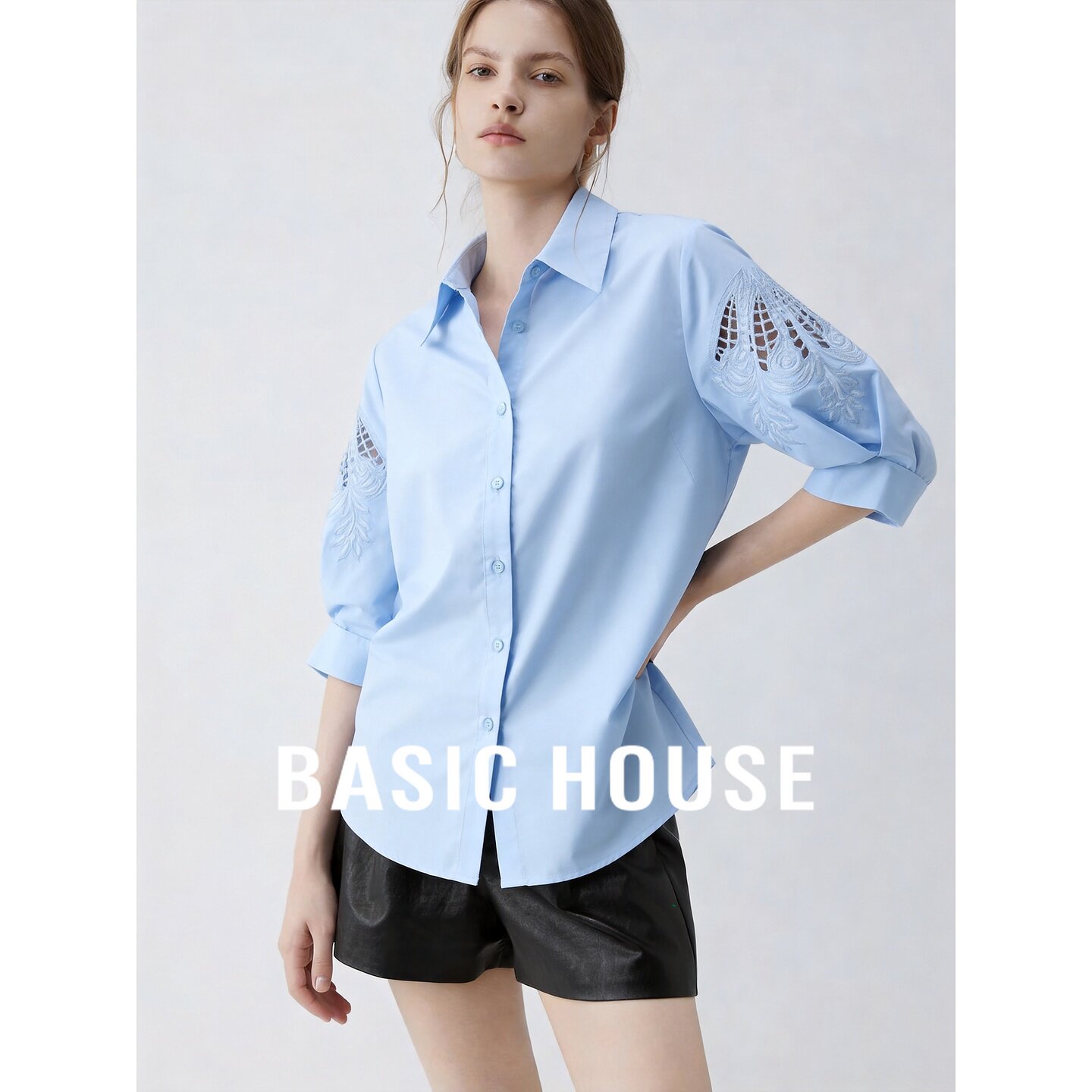 Basic House/百家好2026秋季蓝色POLO领短袖短款休闲女装日常衬衫