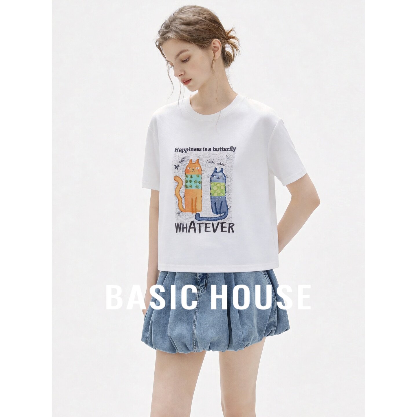 Basic House/百家好休闲百搭印花含棉短袖T恤女夏圆领宽松上衣