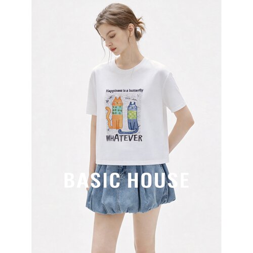 Basic House/百家好休闲百搭印花含棉短袖T恤女夏圆领宽松上衣
