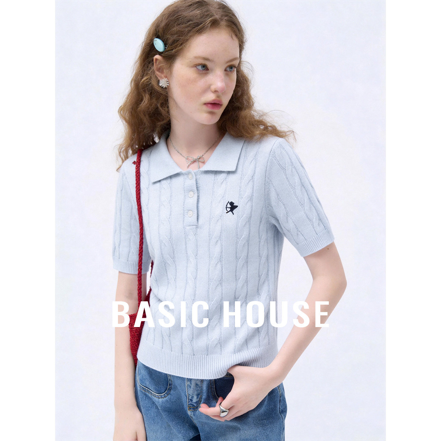 Basic House/百家好蓝色松弛感短袖针织衫女夏季透气百搭套头上衣