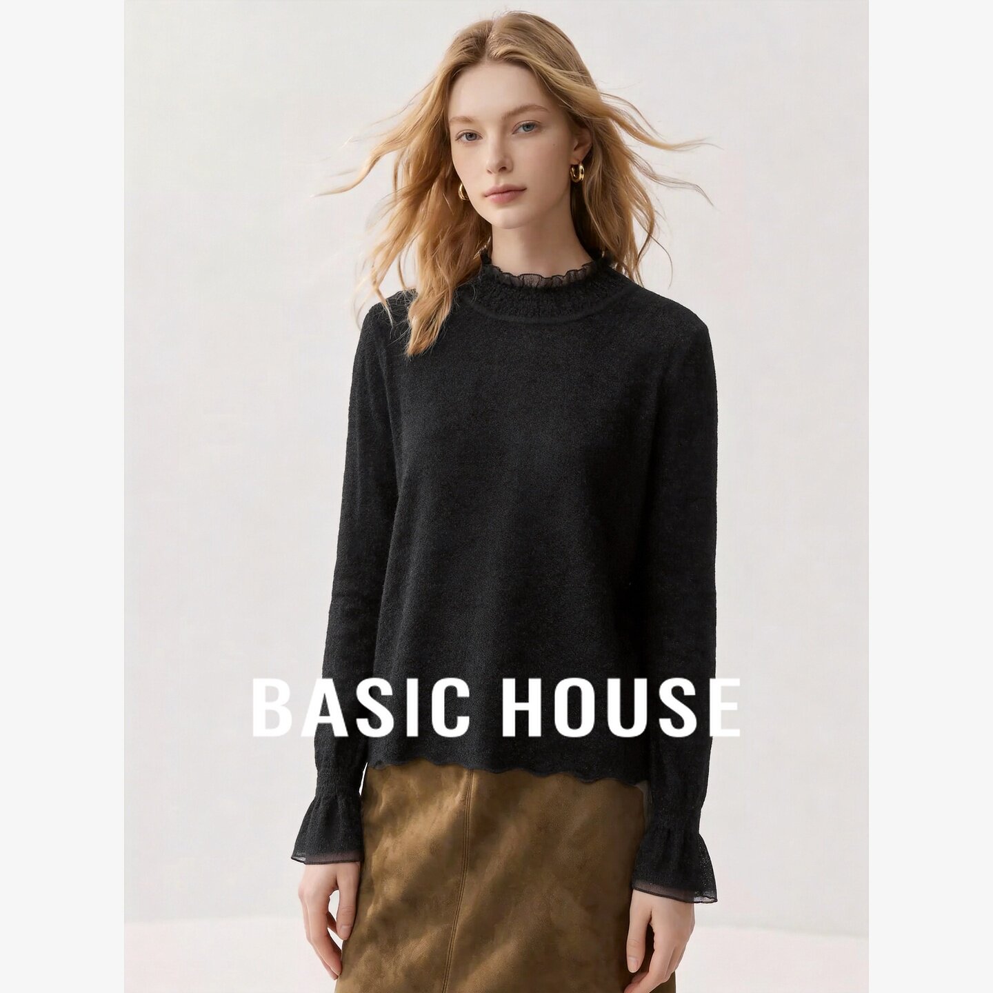 Basic House/百家好优雅风高领蕾丝拼接针织衫女温柔宽松百搭上衣