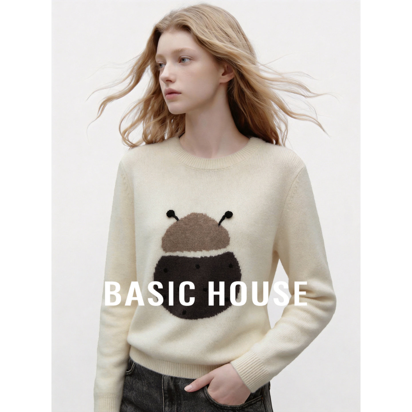 Basic House/百家好新款米白羊毛毛衣女秋冬圆领宽松慵懒风上衣