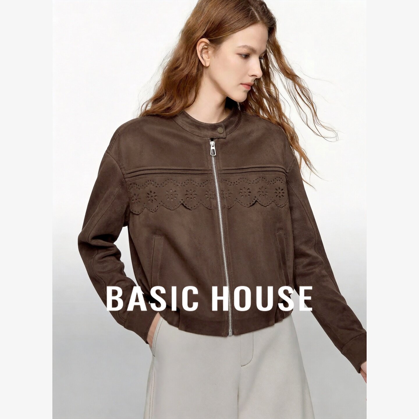 Basic House/百家好立领蕾丝拼接短外套女高级感宽松通勤夹克上衣