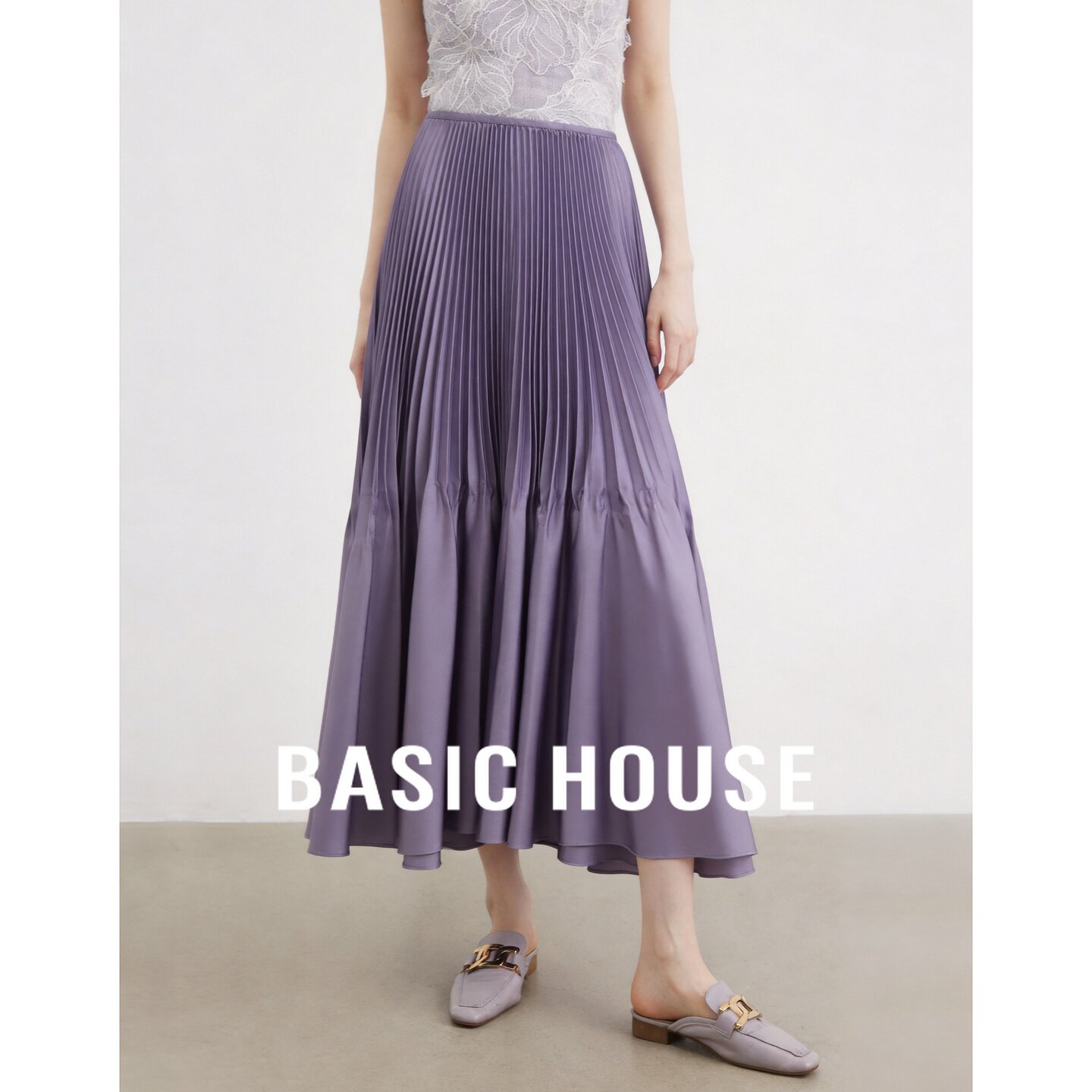 Basic House/百家好2026夏季新款高腰紫色气质优雅半身裙女大摆裙
