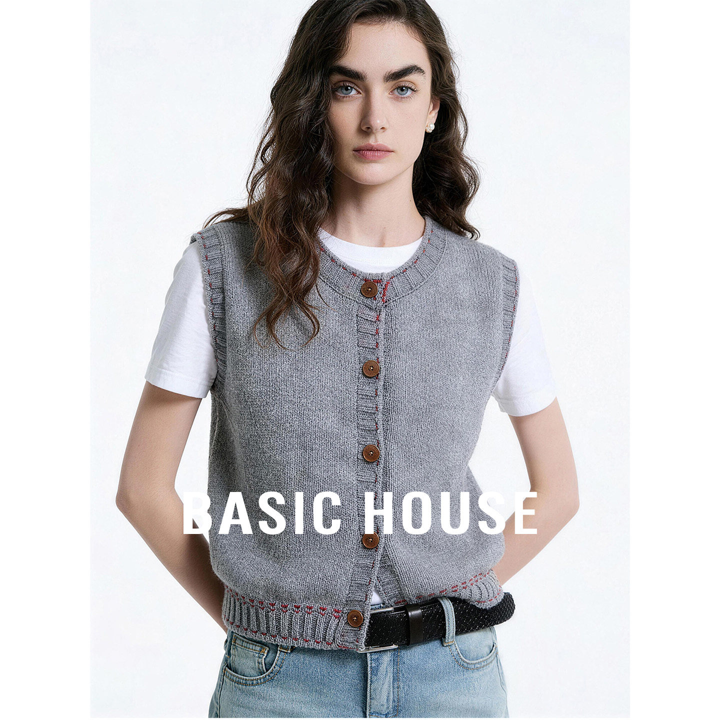 Basic House/百家好复古风文艺撞色明线设计马甲女春通勤叠穿坎肩