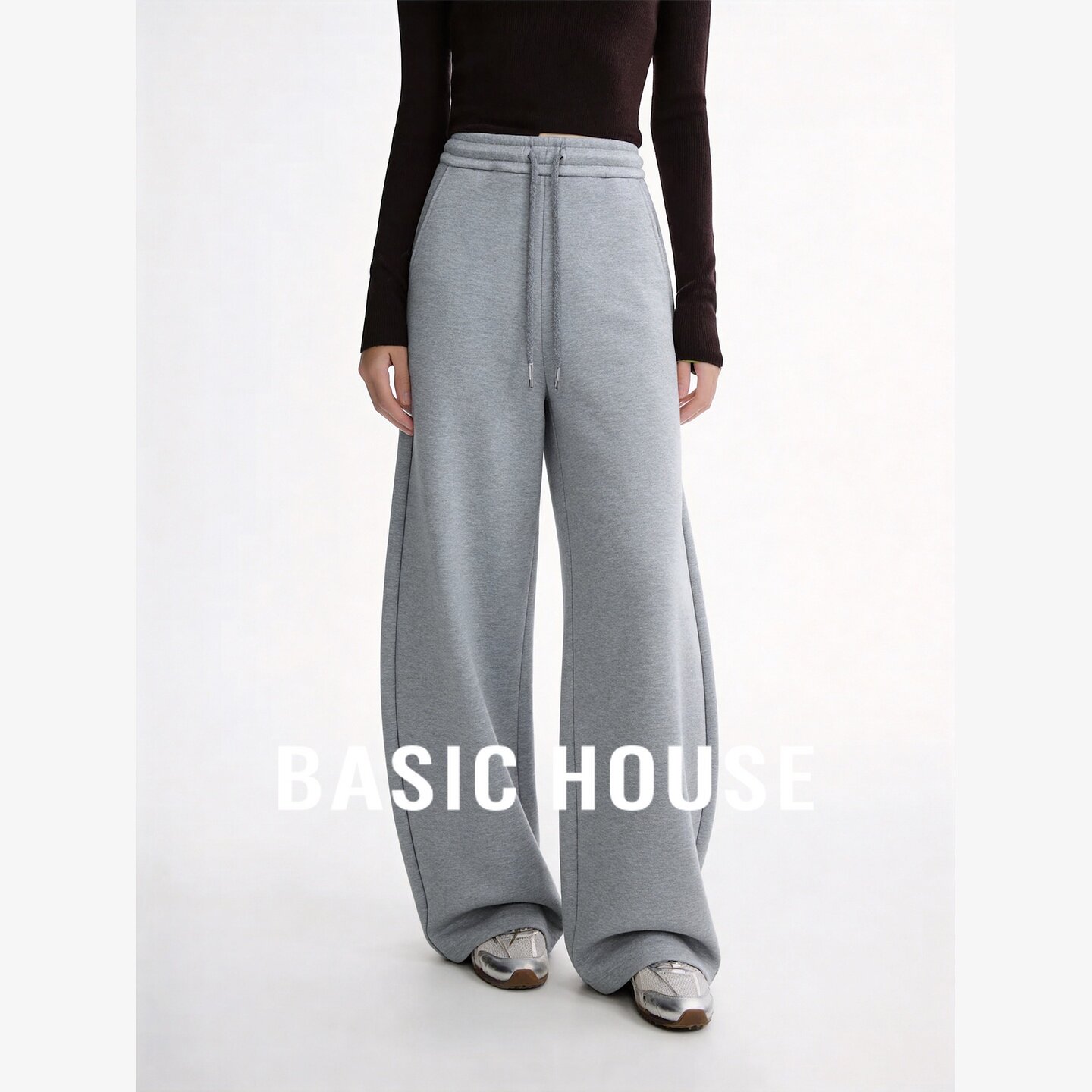 Basic House/百家好抽绳慵懒风阔腿休闲裤女宽松垂感日常百搭长裤