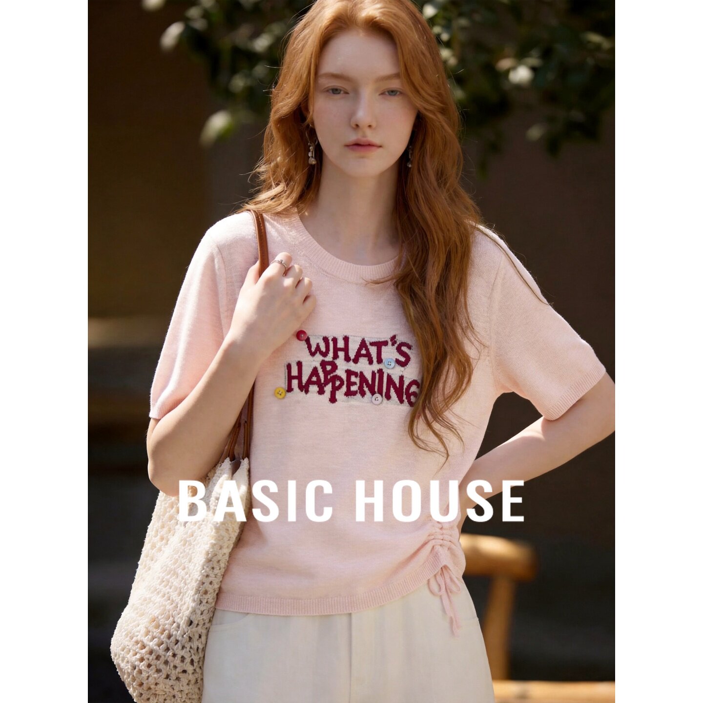 Basic House/百家好2026秋季粉色圆领字母印花宽松短款短袖针织衫