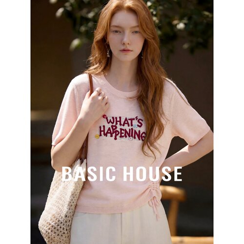 Basic House/百家好2026秋季粉色圆领字母印花宽松短款短袖针织衫