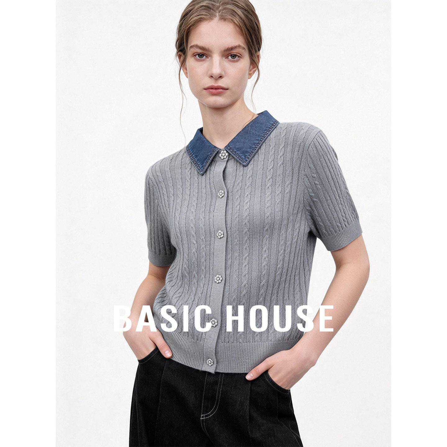 Basic House/百家好牛仔领拼接短袖针织衫夏季莱赛尔亚麻短款上衣