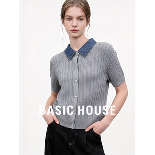 春夏莱赛尔亚麻短款 Basic 针织衫 百家好牛仔领拼接短袖 上衣 House