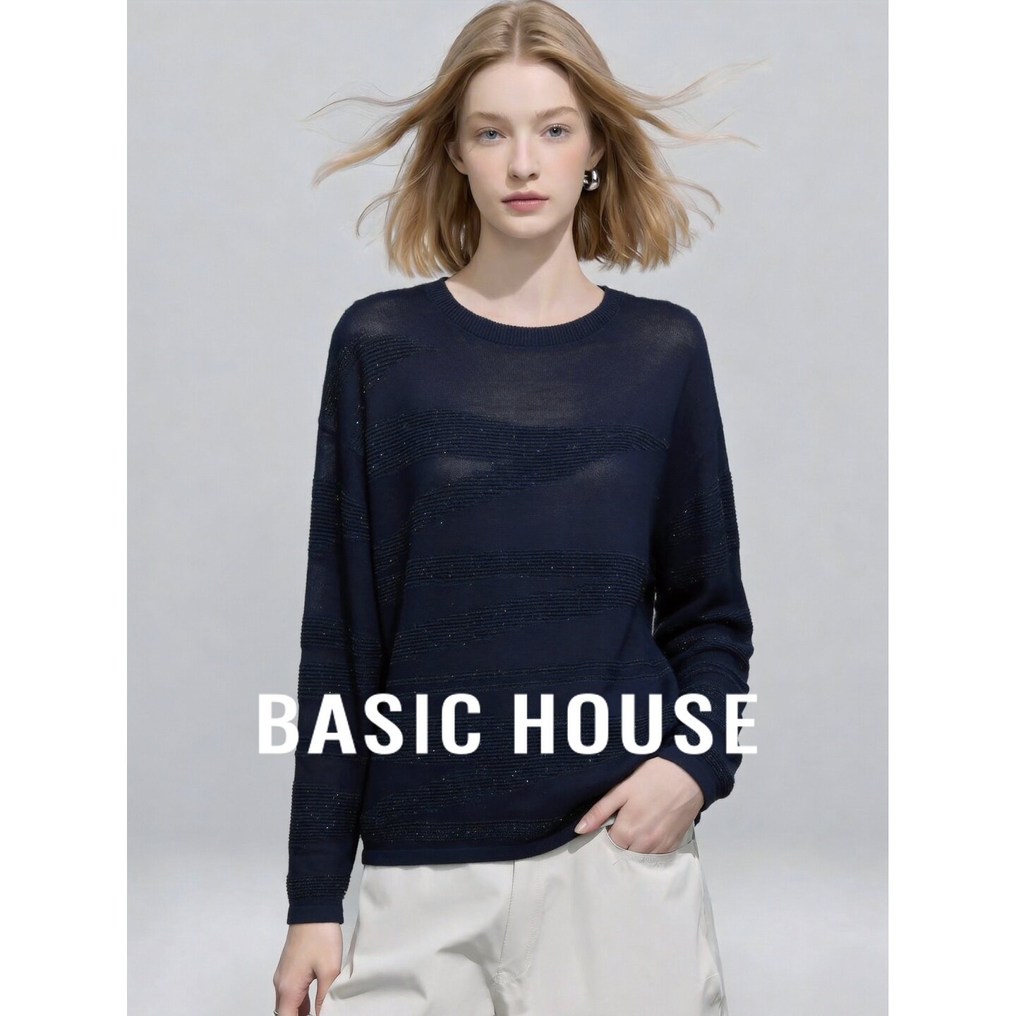 Basic House/百家好2026秋季藏青圆领亮丝宽松韩版长袖新款针织衫