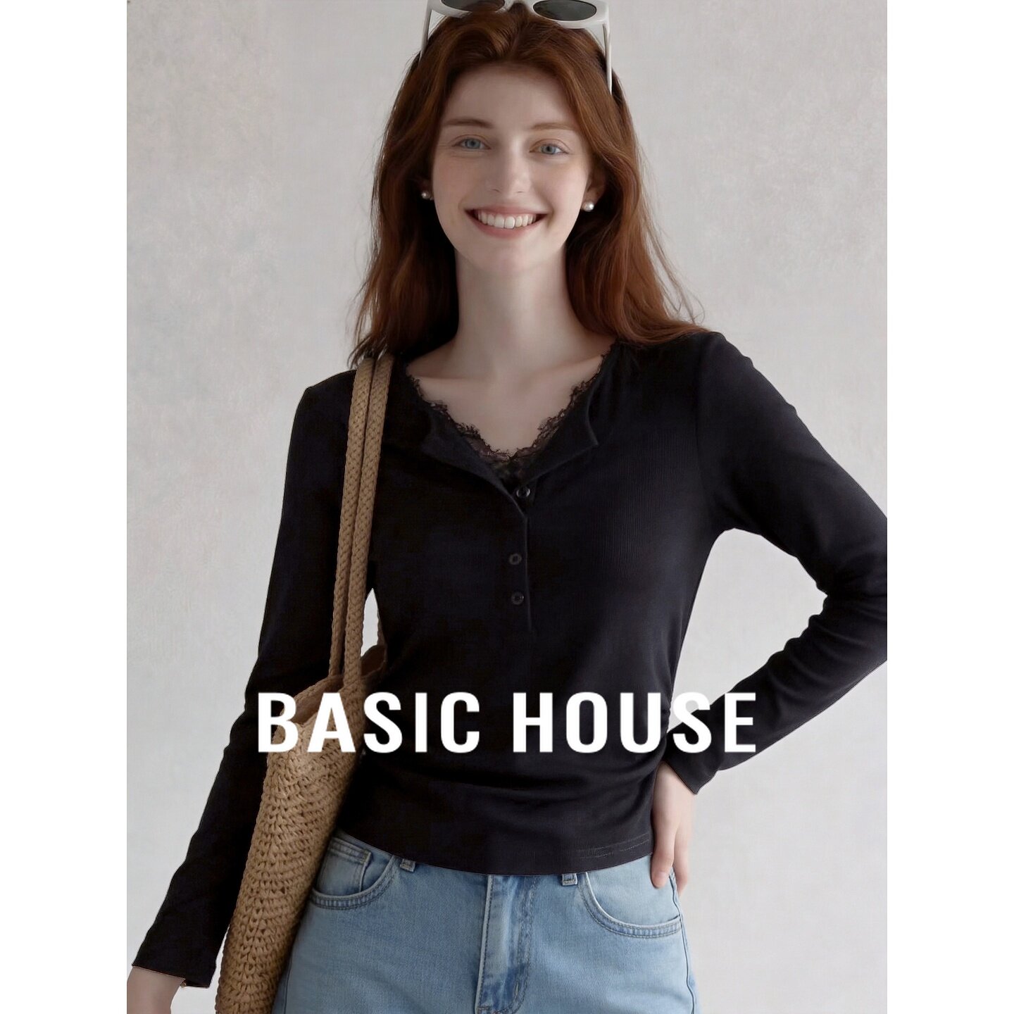 Basic House/百家好2026秋季黑色亨利领收腰短款长袖日常简约T恤