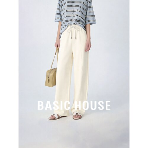 Basic House/百家好米白抽绳阔腿裤女夏季垂感显瘦休闲长裤松弛风