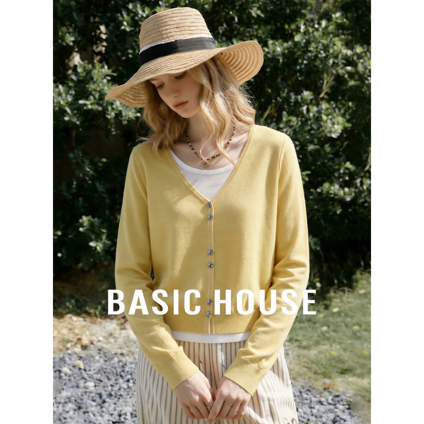 Basic House/百家好羊毛混纺假两件撞色圆领宽松女士套头针织衫