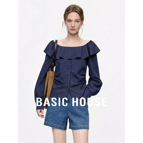 Basic House/百家好一字肩荷叶边条纹衬衫宽松百搭设计感小众上衣