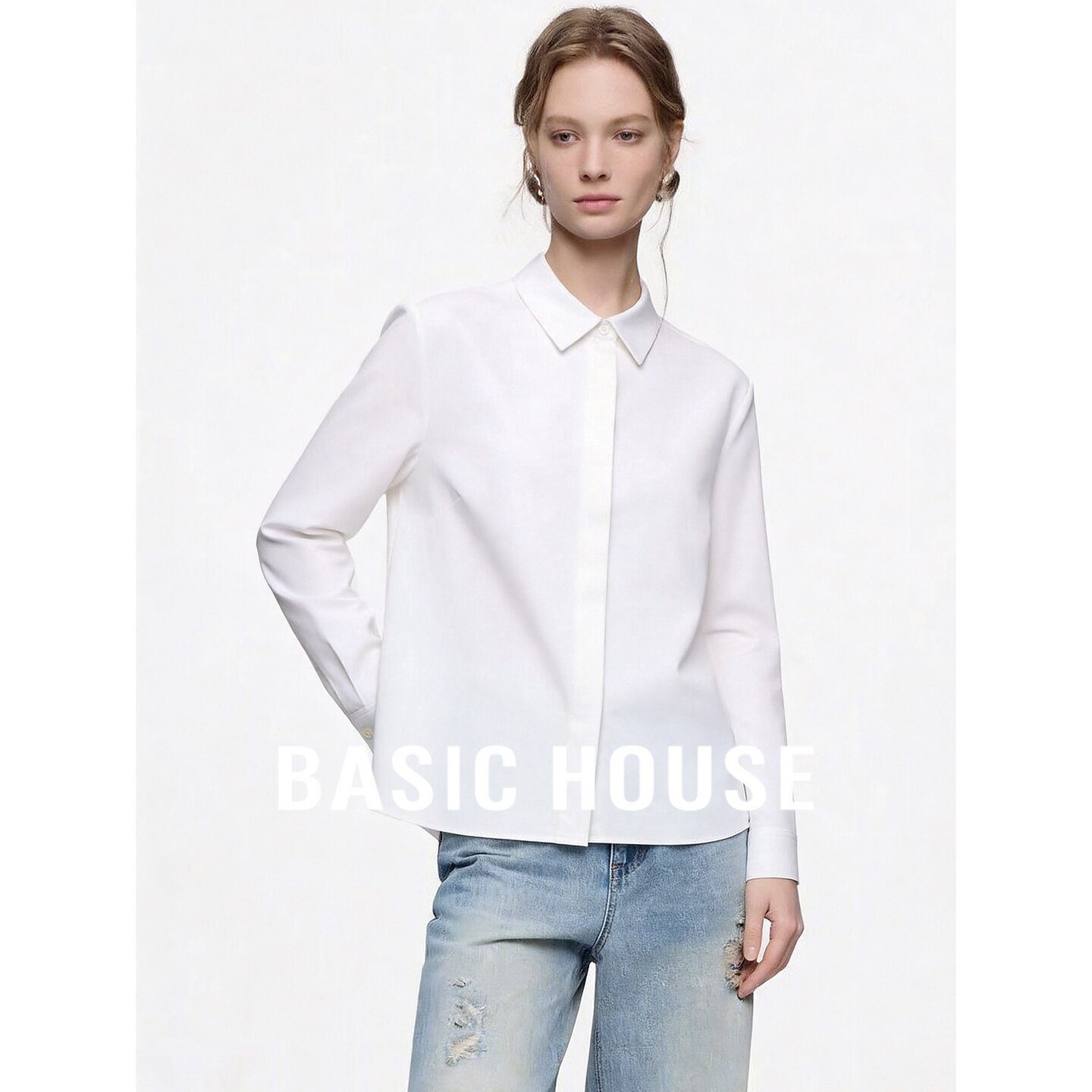 Basic House/百家好白色翻领长袖衬衫宽松女通勤极简日常新款百搭