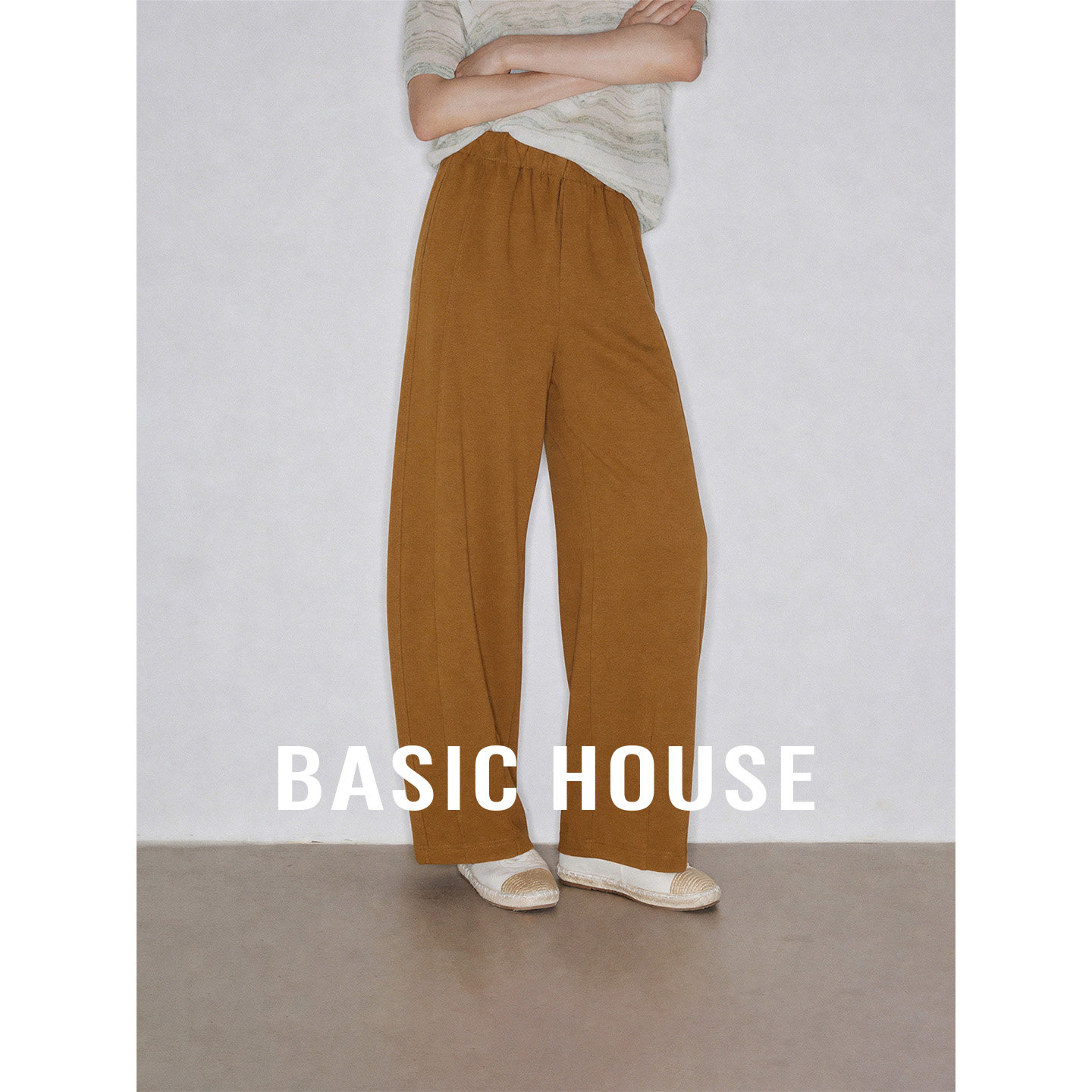 Basic House/百家好简约风橘色松紧腰弯刀裤女夏宽松休闲阔腿长裤