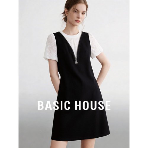 Basic House/百家好撞色假两件泡泡袖连衣裙女新款圆领中长款裙子