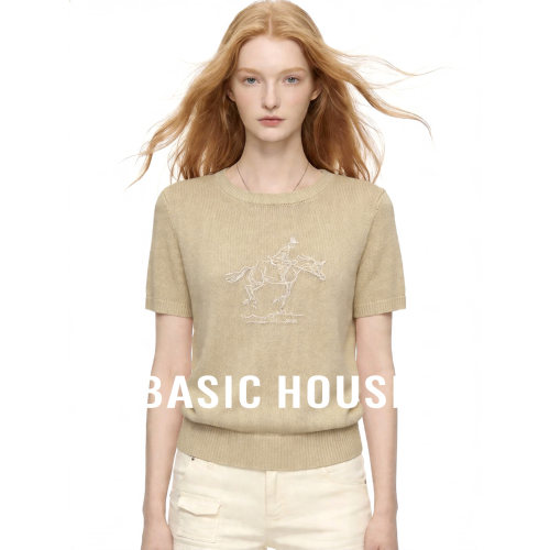 Basic House/百家好莱赛尔2026夏季刺绣休闲短袖针织衫女透气上衣
