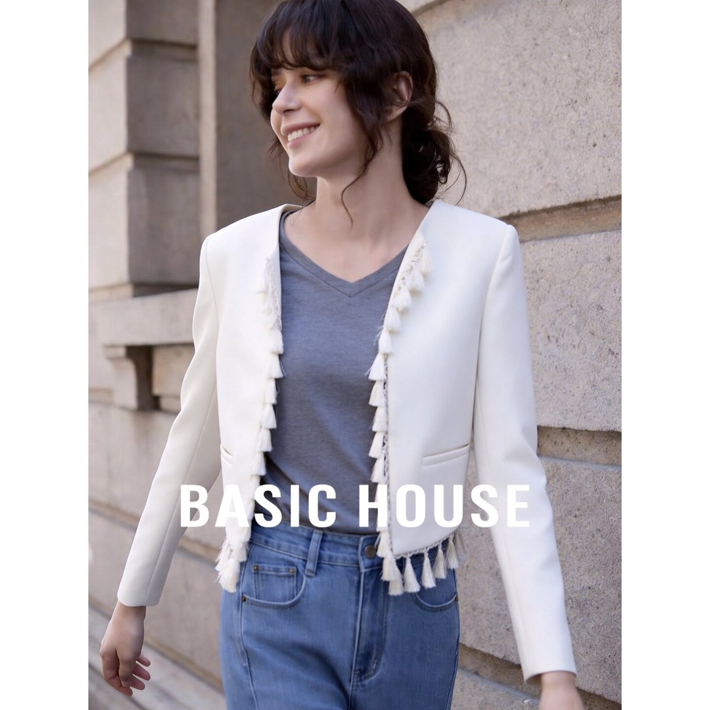 Basic House/百家好白色流苏短外套女韩版修身长袖开襟上衣秋季