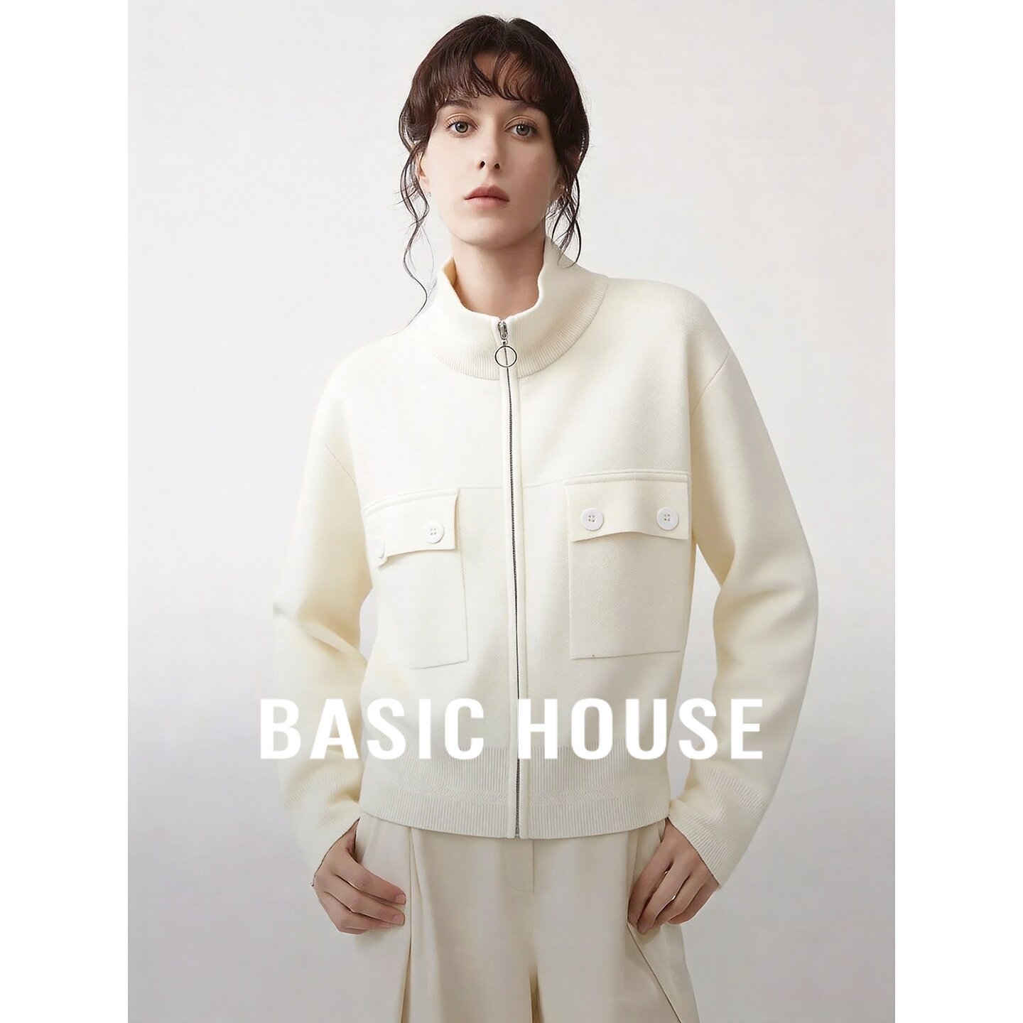 Basic House/百家好休闲风立领拉链针织开衫女秋短款百搭毛衣外套