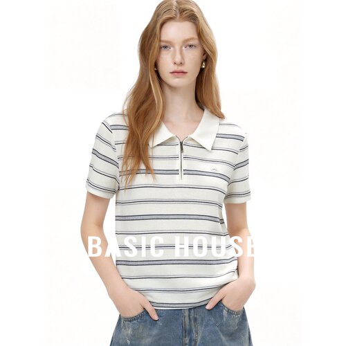 Basic House/百家好条纹针织Polo衫女夏短袖翻领拉链T恤减龄上衣