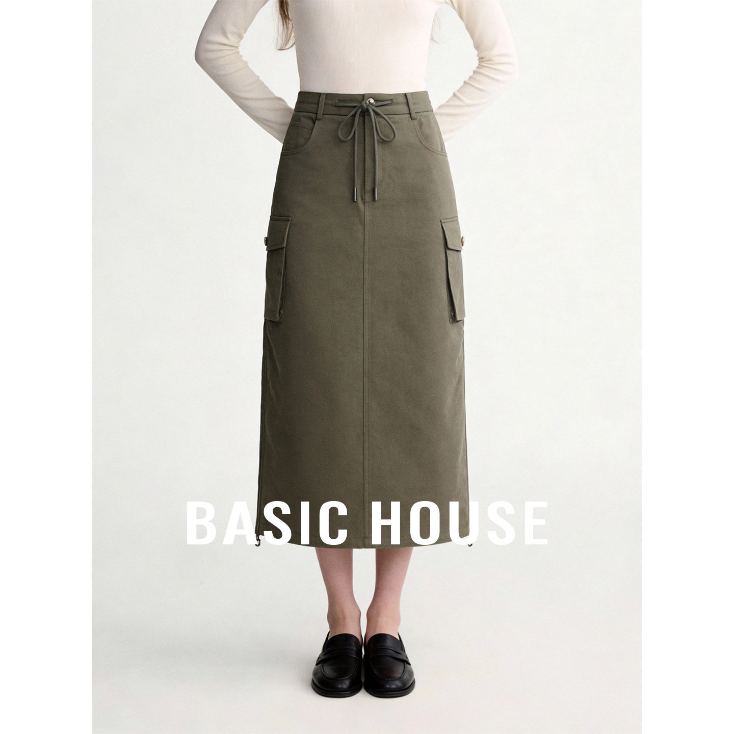 Basic House/百家好军绿色直筒工装半身裙女秋美式后开叉中长H裙