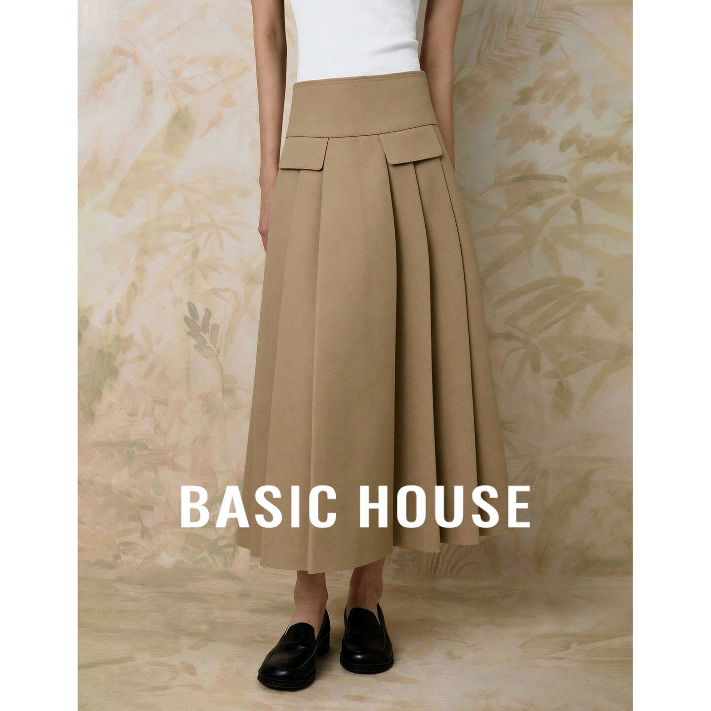 Basic House/百家好秋冬高腰百褶半身裙女中长款A字裙职场穿搭