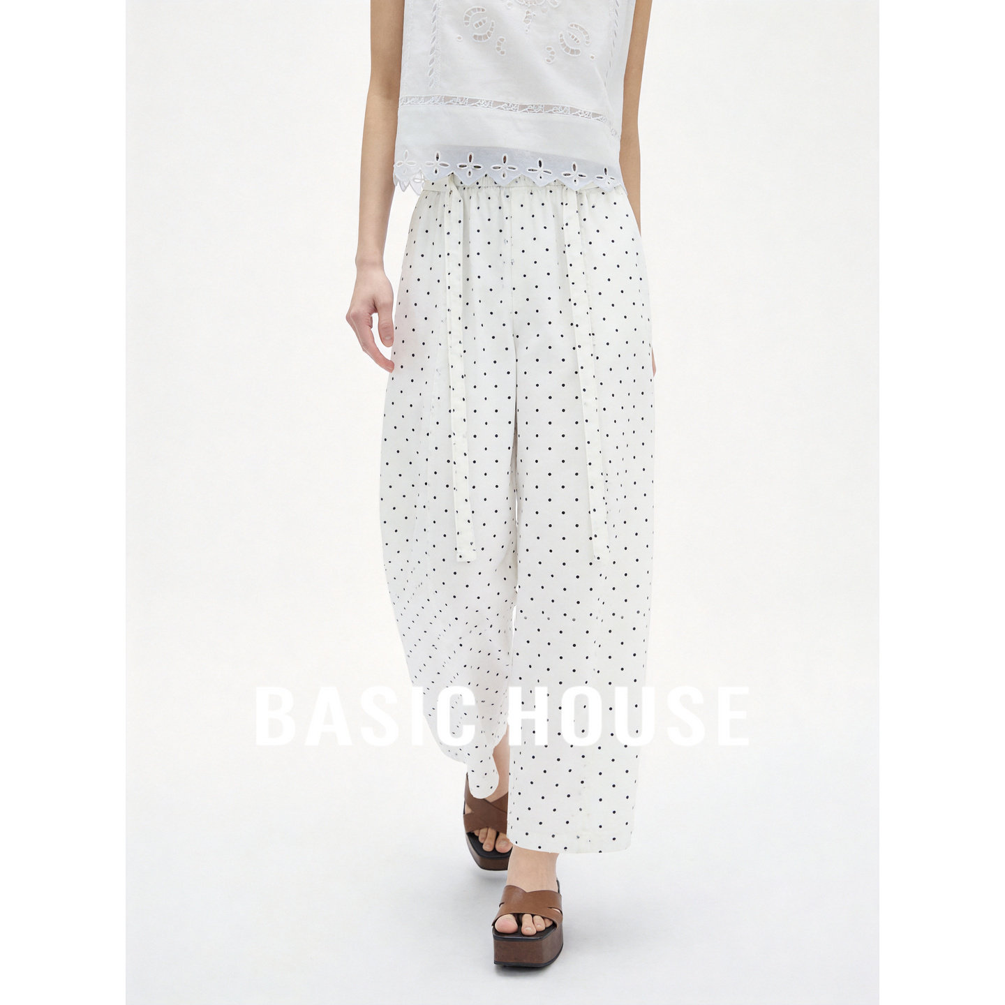 Basic House/百家好时尚松紧腰波点阔腿裤女夏季宽松显瘦休闲裤