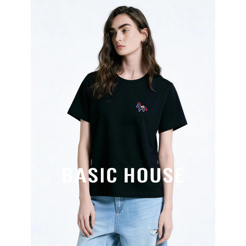 Basic House/百家好黑色正肩刺绣短袖T恤女夏季休闲百搭简约上衣