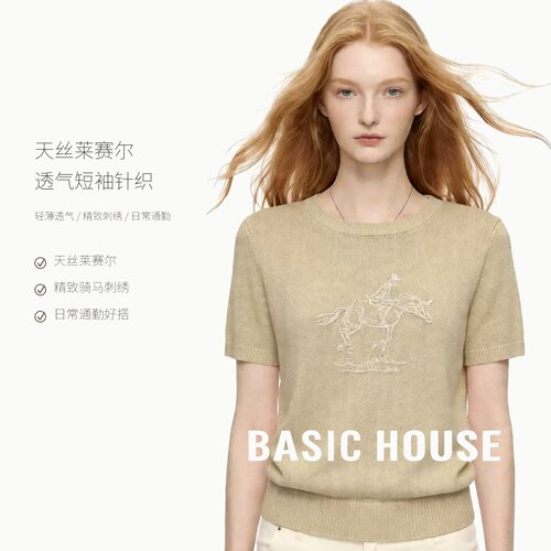 Basic House/百家好天丝莱赛尔夏季刺绣休闲短袖针织衫女透气上衣