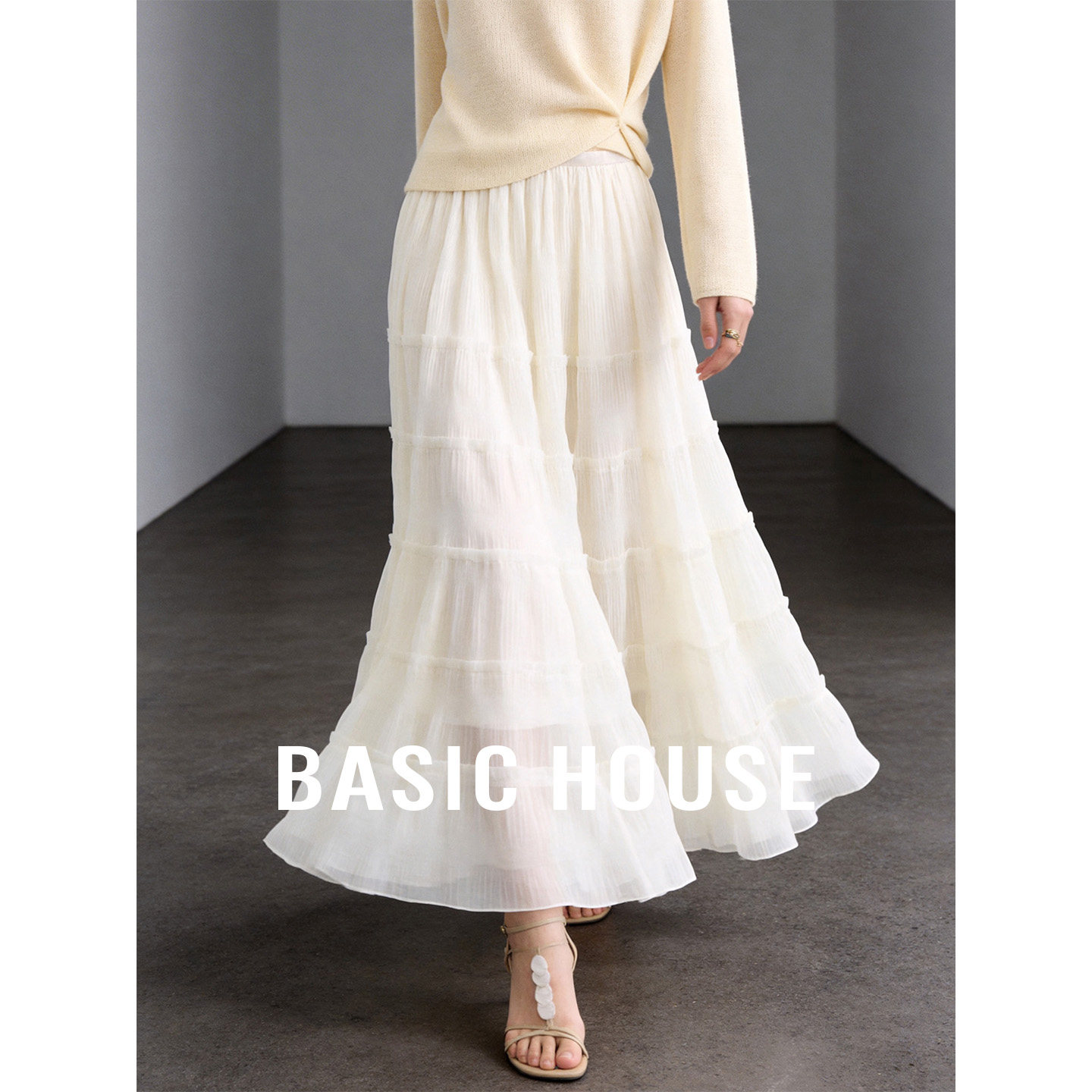 Basic House/百家好秋季气质纯色中长款纱裙女宽松高腰A字半身裙