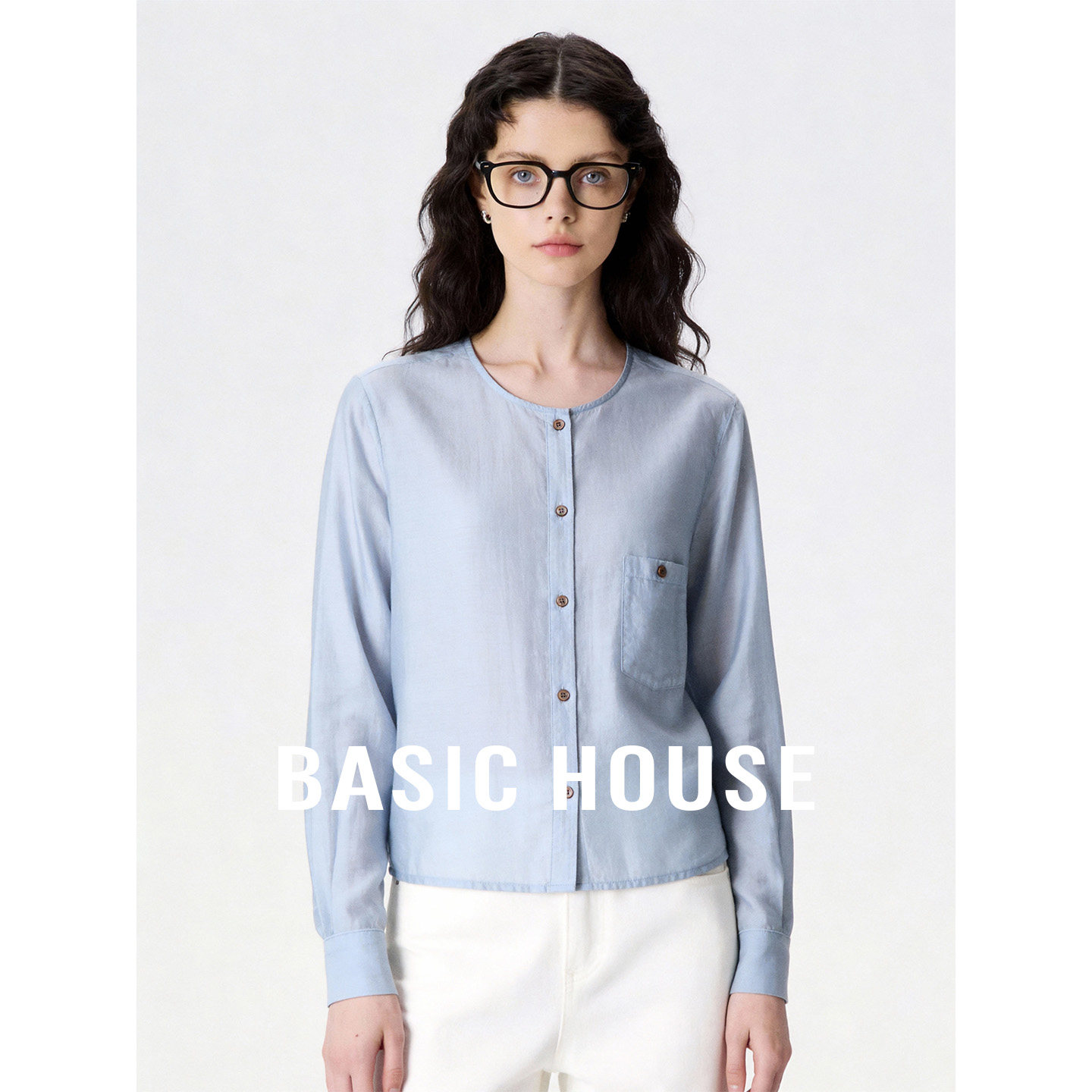 Basic House/百家好蓝色圆领缎面长袖衬衫女秋简约百搭上衣内搭