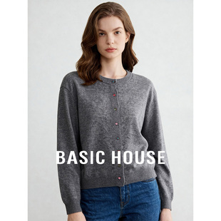 Basic House/百家好灰色圆领彩扣毛衣女春季松弛感软糯百搭上衣