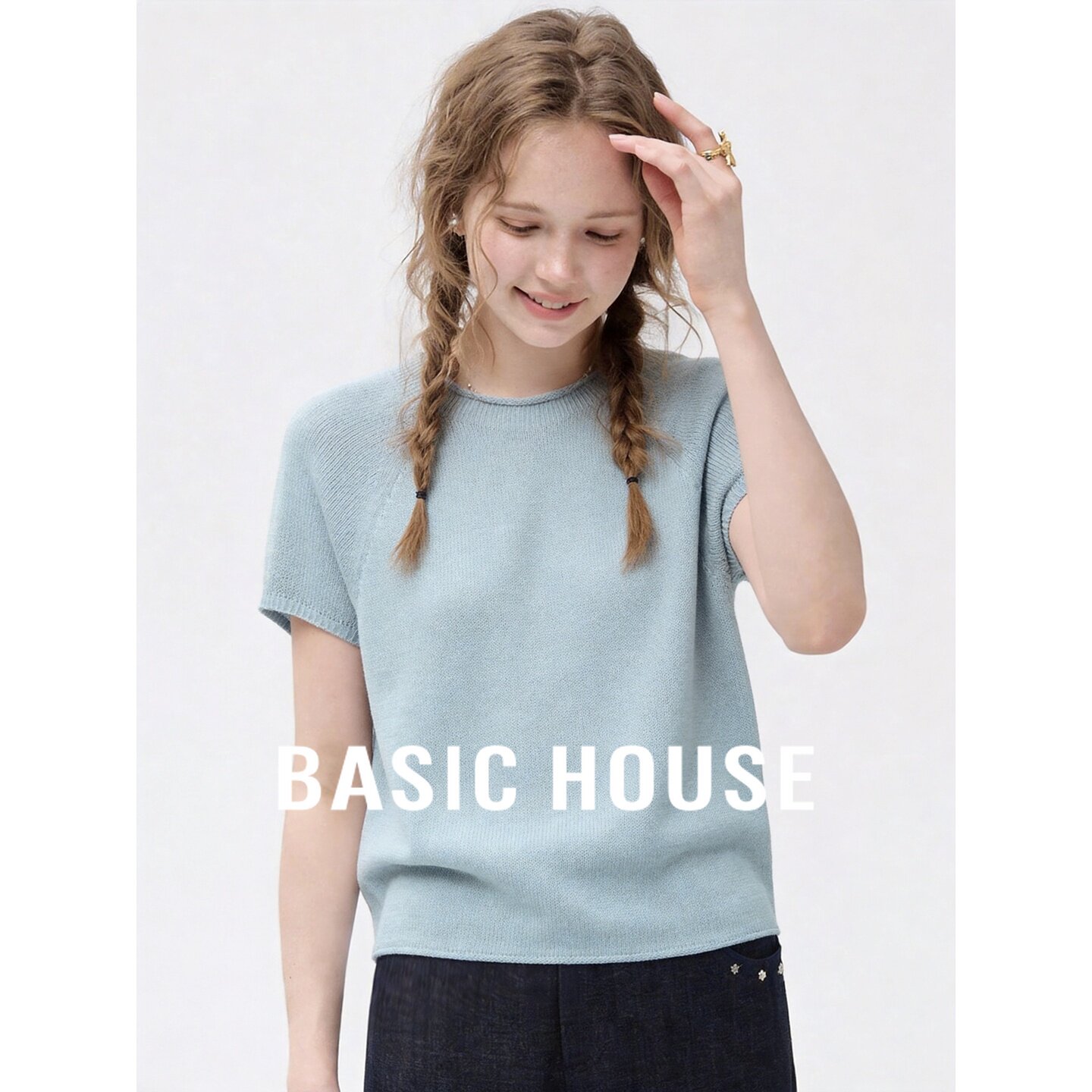 Basic House/百家好天兰色简约圆领短袖针织衫女夏季舒适百搭上衣