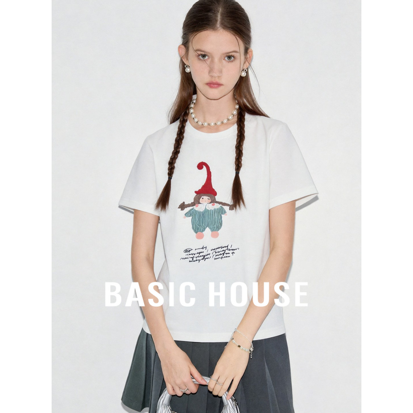 Basic House/百家好卡通风白色短袖T恤女夏可爱印花减龄百搭上衣