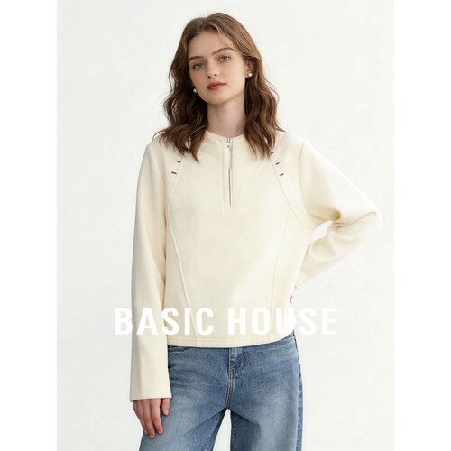 Basic House/百家好设计感运动休闲米白色拉链长袖T恤女宽松上衣