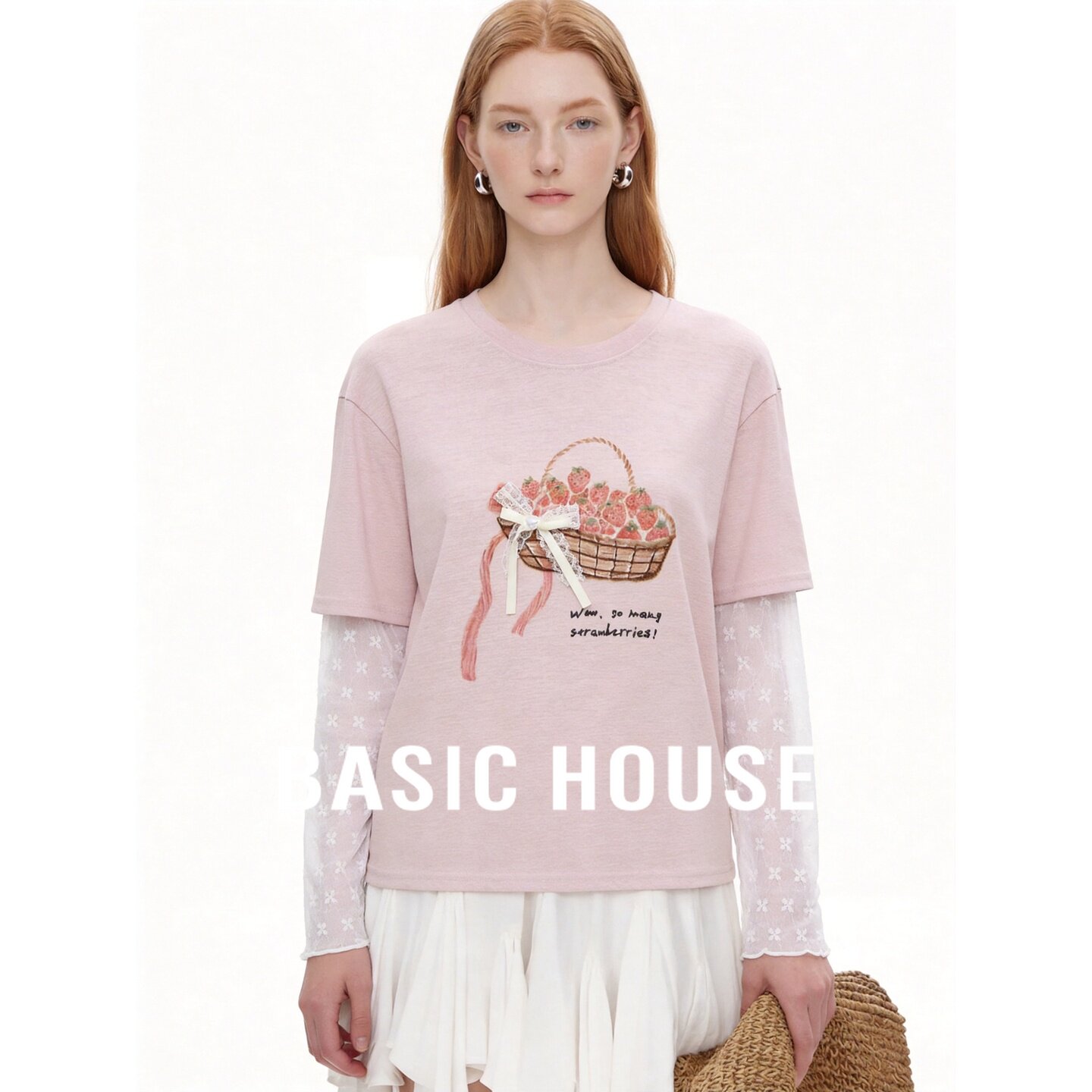 Basic House/百家好韩版卡通草莓印花T恤女夏圆领假两件上衣长袖
