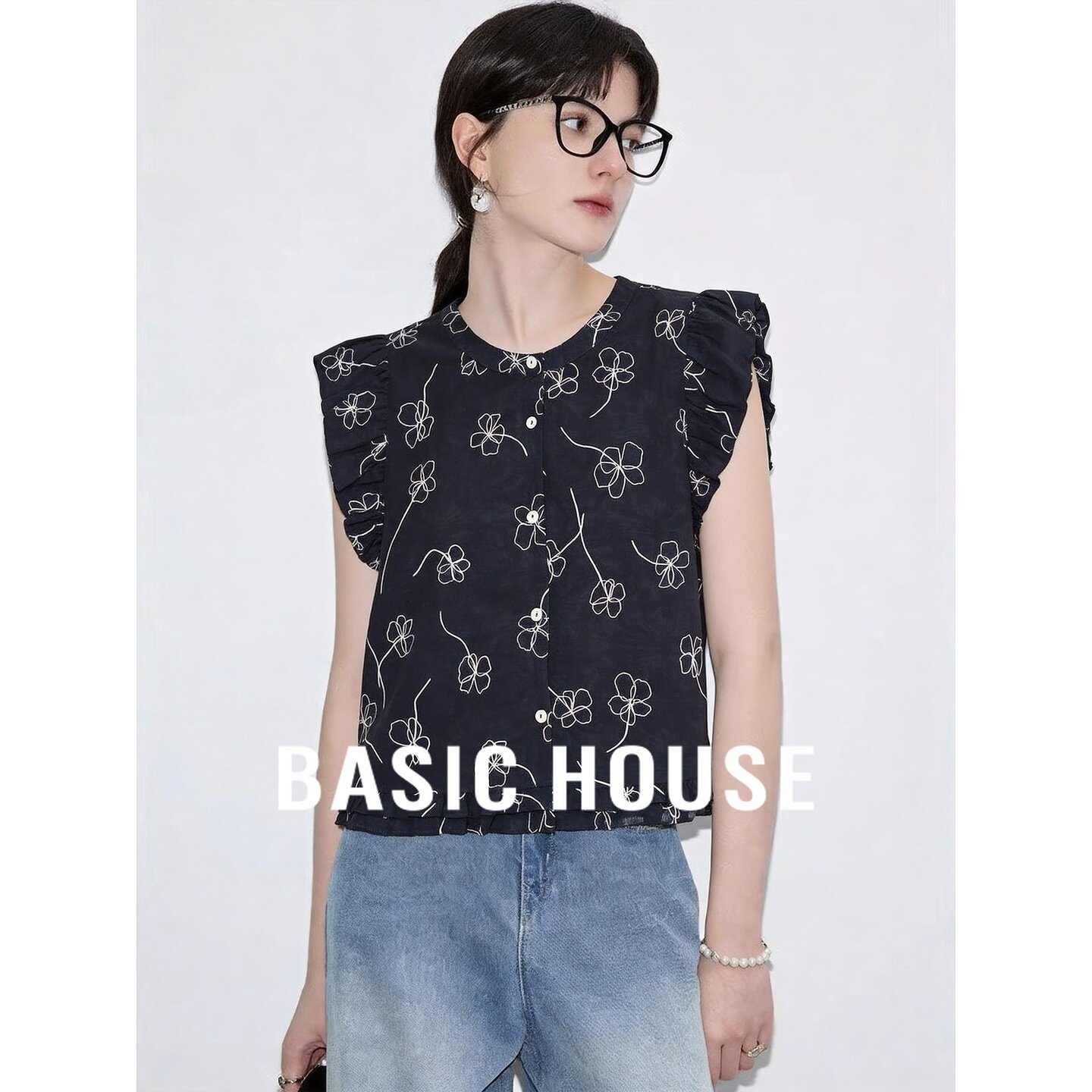 Basic House/百家好木耳边减龄无袖衬衫女2026夏日常通勤纯棉上衣