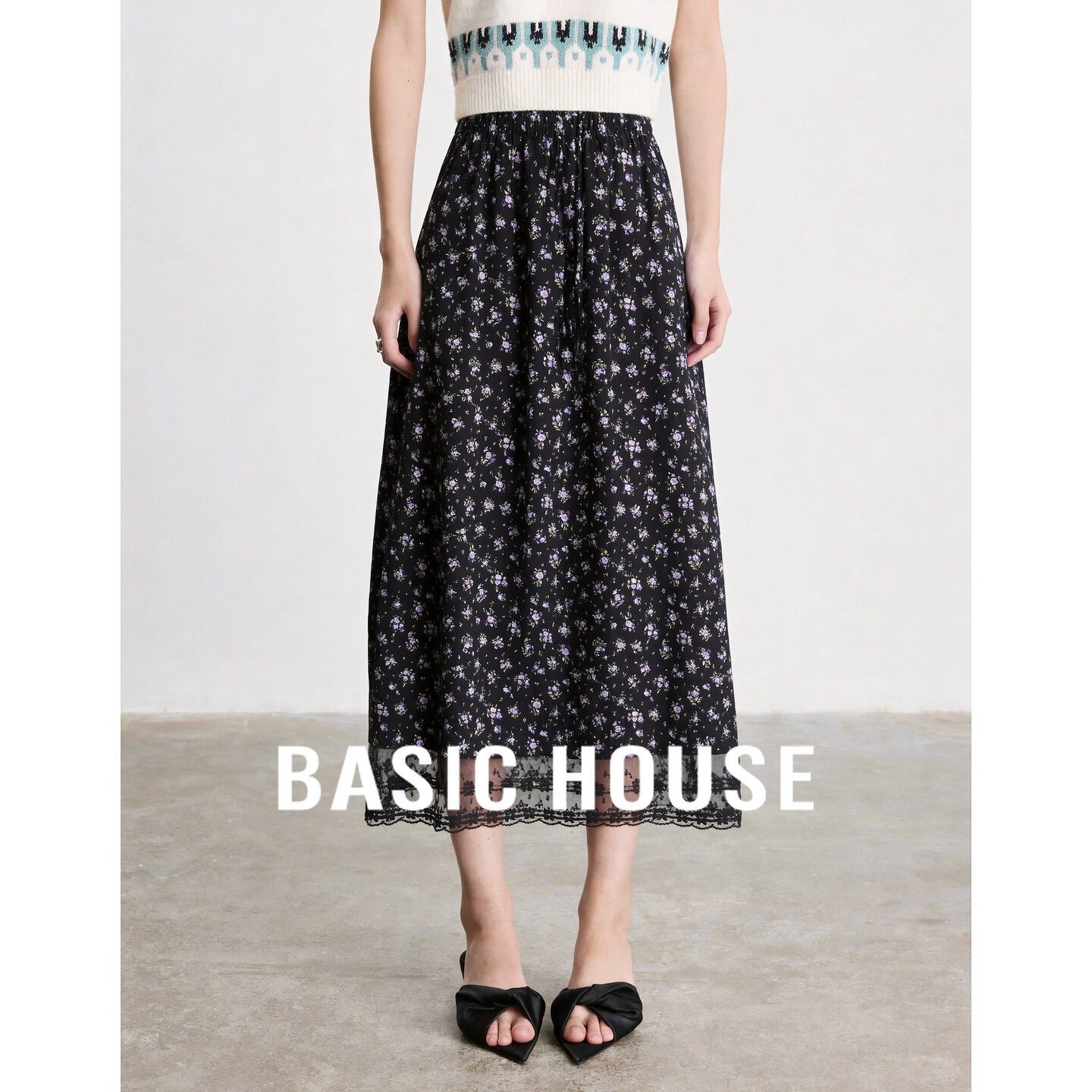 Basic House/百家好复古波点A字裙黑色高腰显瘦中长裙碎花半身裙