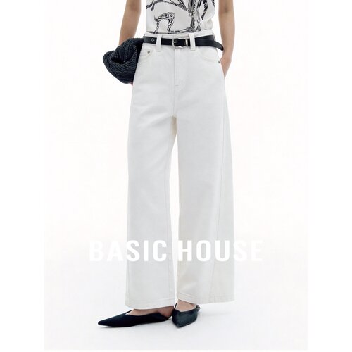 Basic House/百家好高级感白色阔腿牛仔裤女宽松显瘦百搭通勤长裤