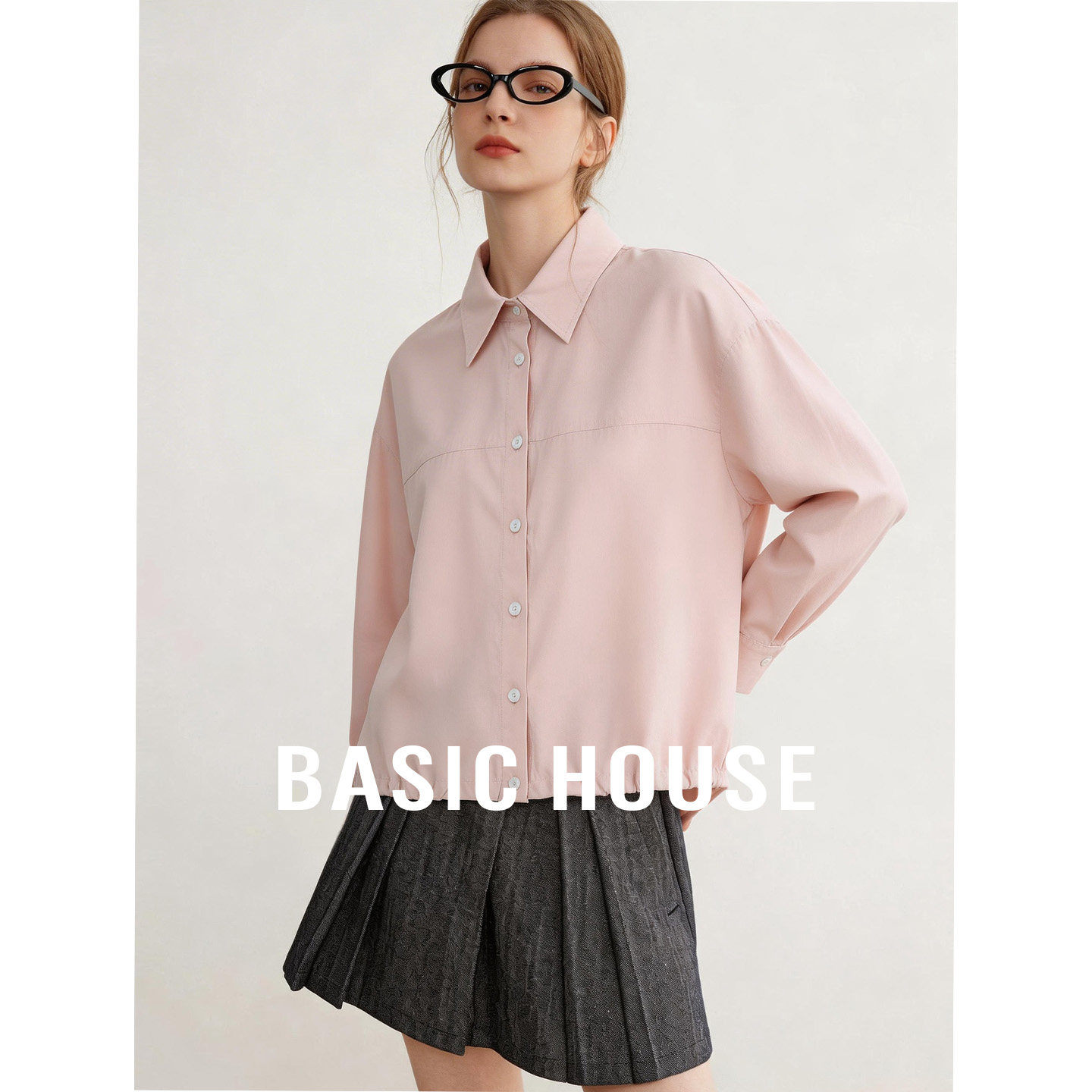 Basic House/百家好粉色polo领超好看长袖衬衫女秋季通勤短款内搭