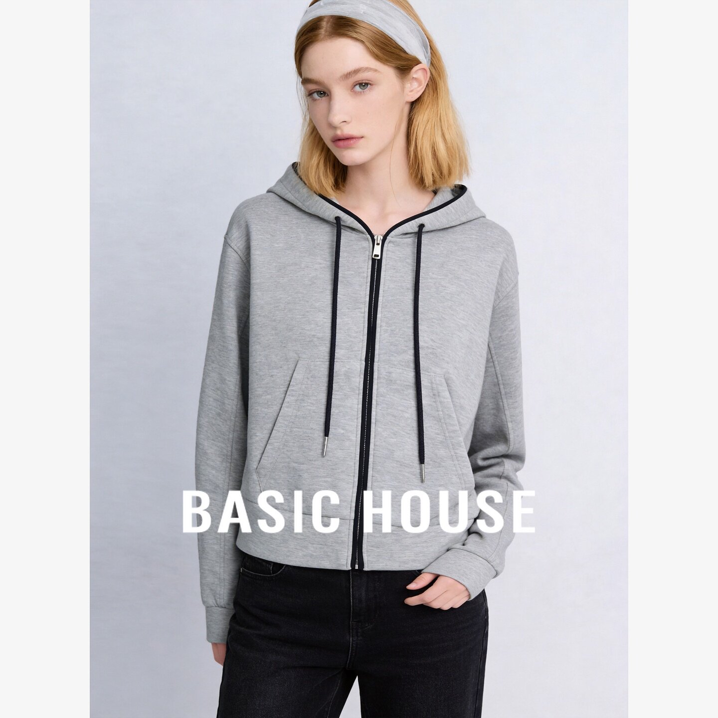 Basic House/百家好极简撞色连帽开衫卫衣女装双拉链宽松运动上衣
