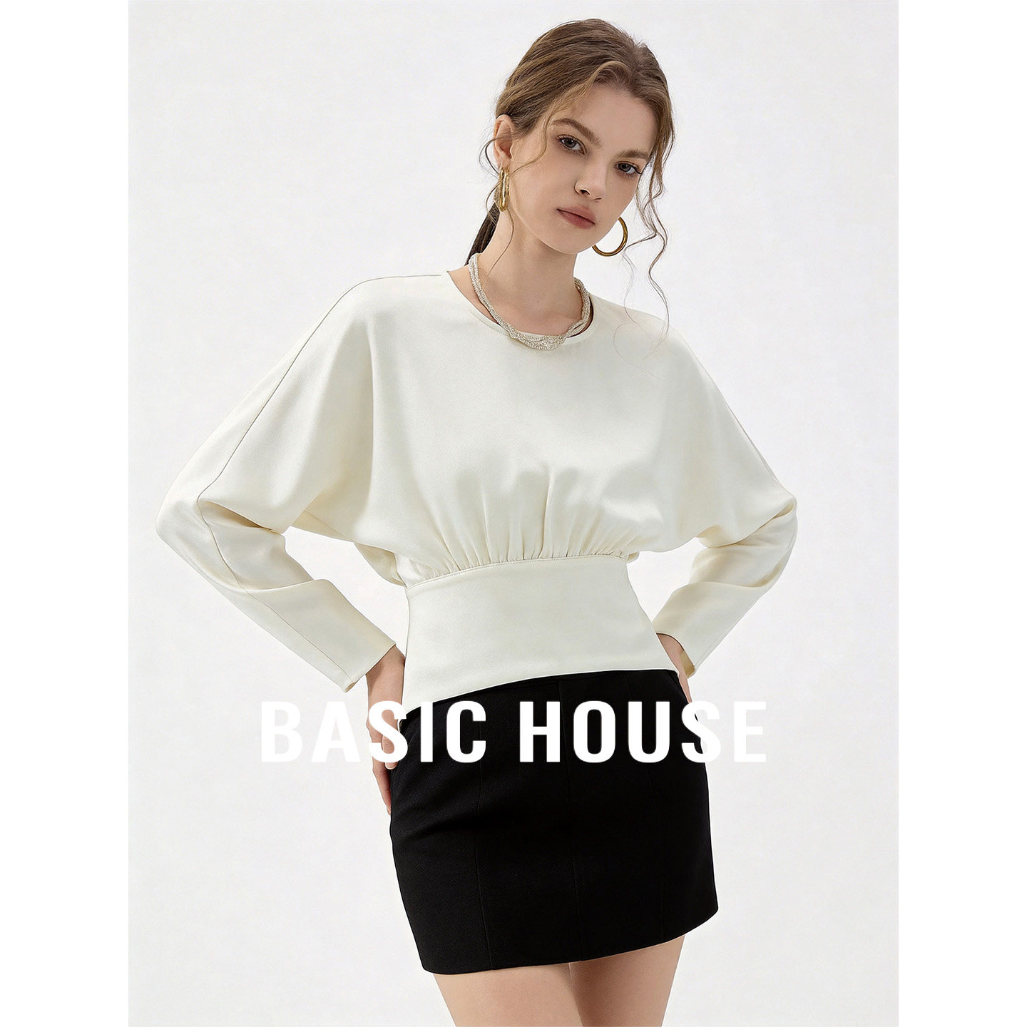 Basic House/百家好杏色圆领不规则长袖衬衫女秋季新款百搭上衣